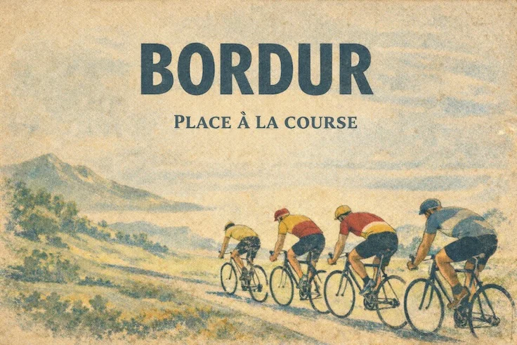 Affiche vintage BORDUR : cyclistes en file, départ de course